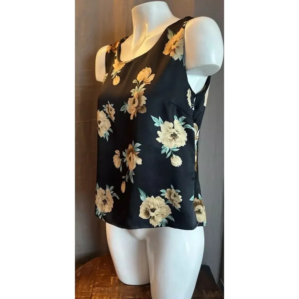 Kate Hill Silk Top Satin Black Tank Sleeveless Size 8 Floral Roses